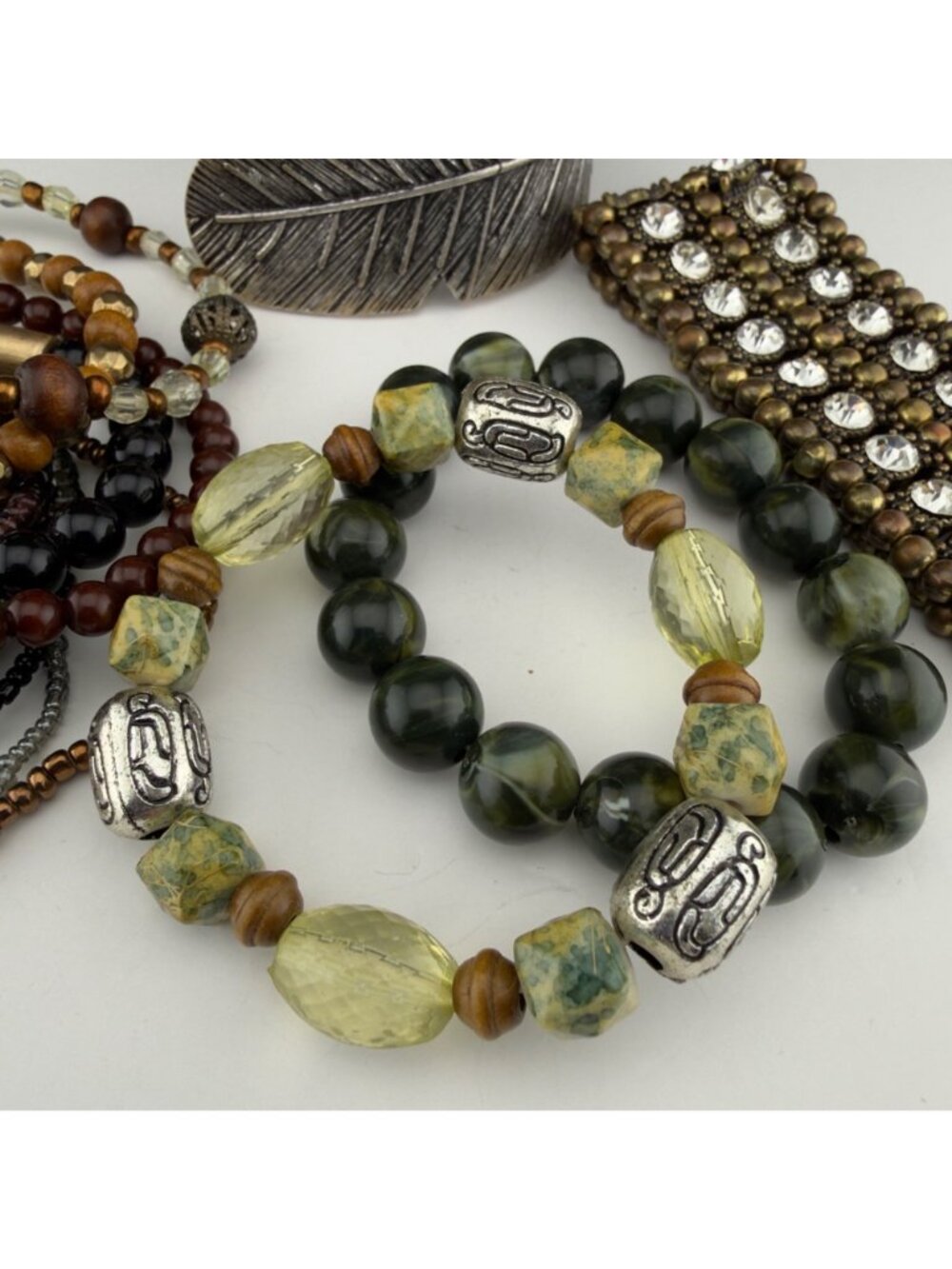 Boho Bracelet Lot Silver Tone Cuff Rhinestone Stretch Mixed Metals Stackable - Picture 6 of 16